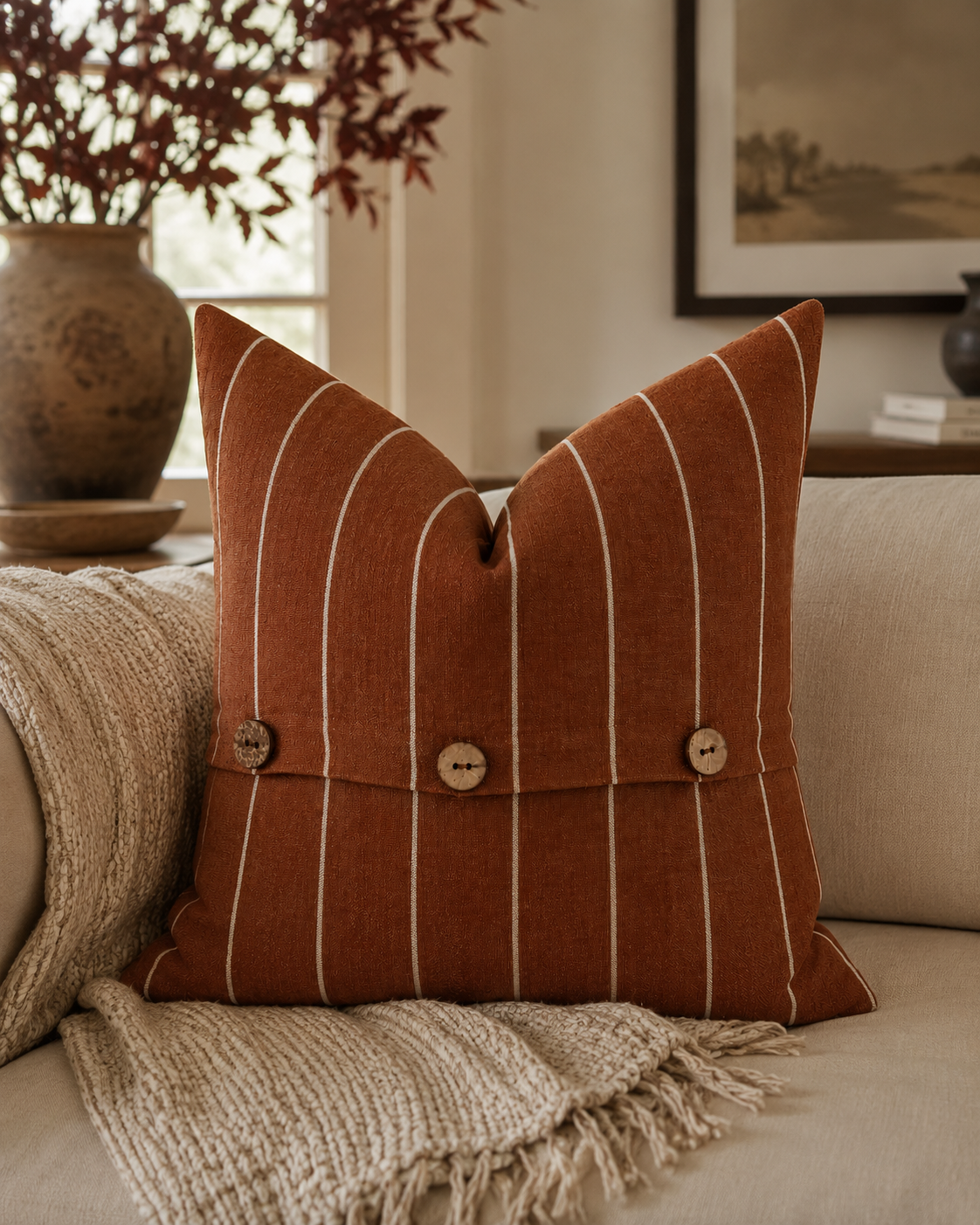 Pure French Linen Cushion Cover - Rust Stripe
