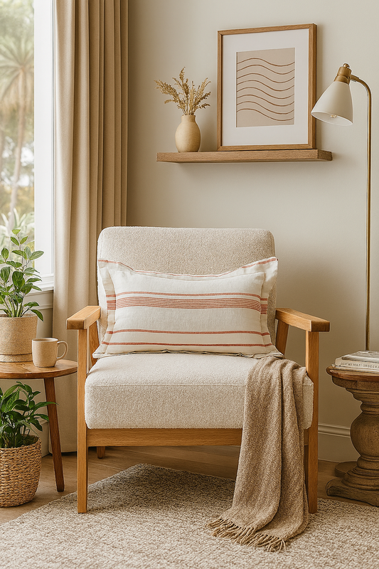 Pure French Linen Lumbar Cushion Cover with Flange Detail - Rust Stripe