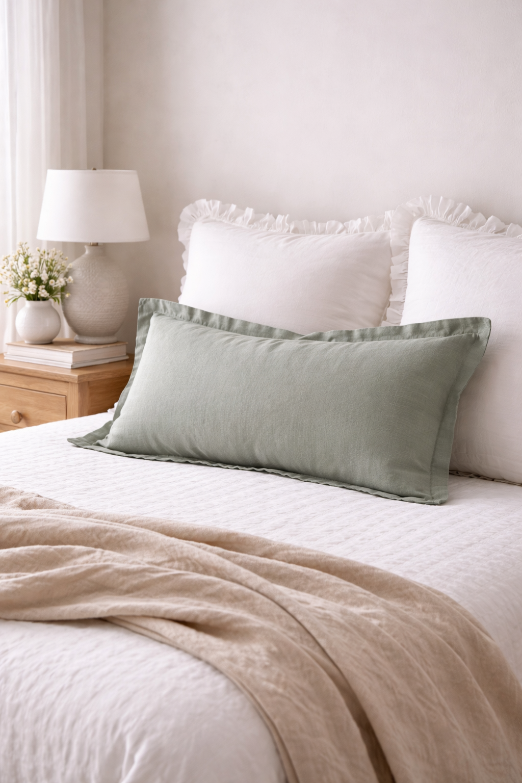 Pure French Linen Lumbar Cushion Cover with Flange Detail - Sage