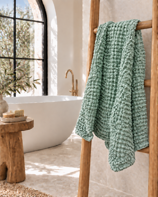 100% Organic Cotton Rustic Waffle Standard Tea Towel - Hand Towel - Sea Green