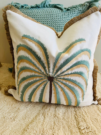 Palm Haven Embroidered Cushion Cover – Limited Edition - Sea Green