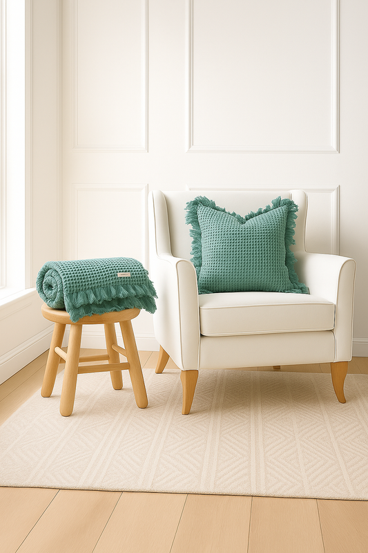 Organic Cotton Waffle Ruffle Cushion Cover - Sea Green