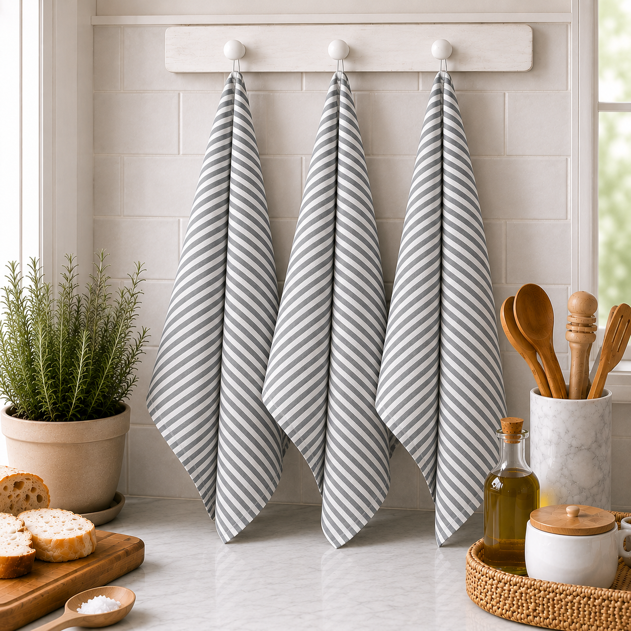Pure French Linen Tea Towel - Slate Grey Pinstripe