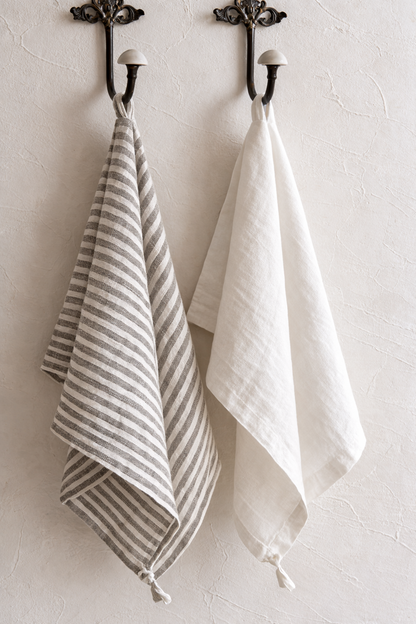 Pure French Linen Tea Towel - Grey Stripe