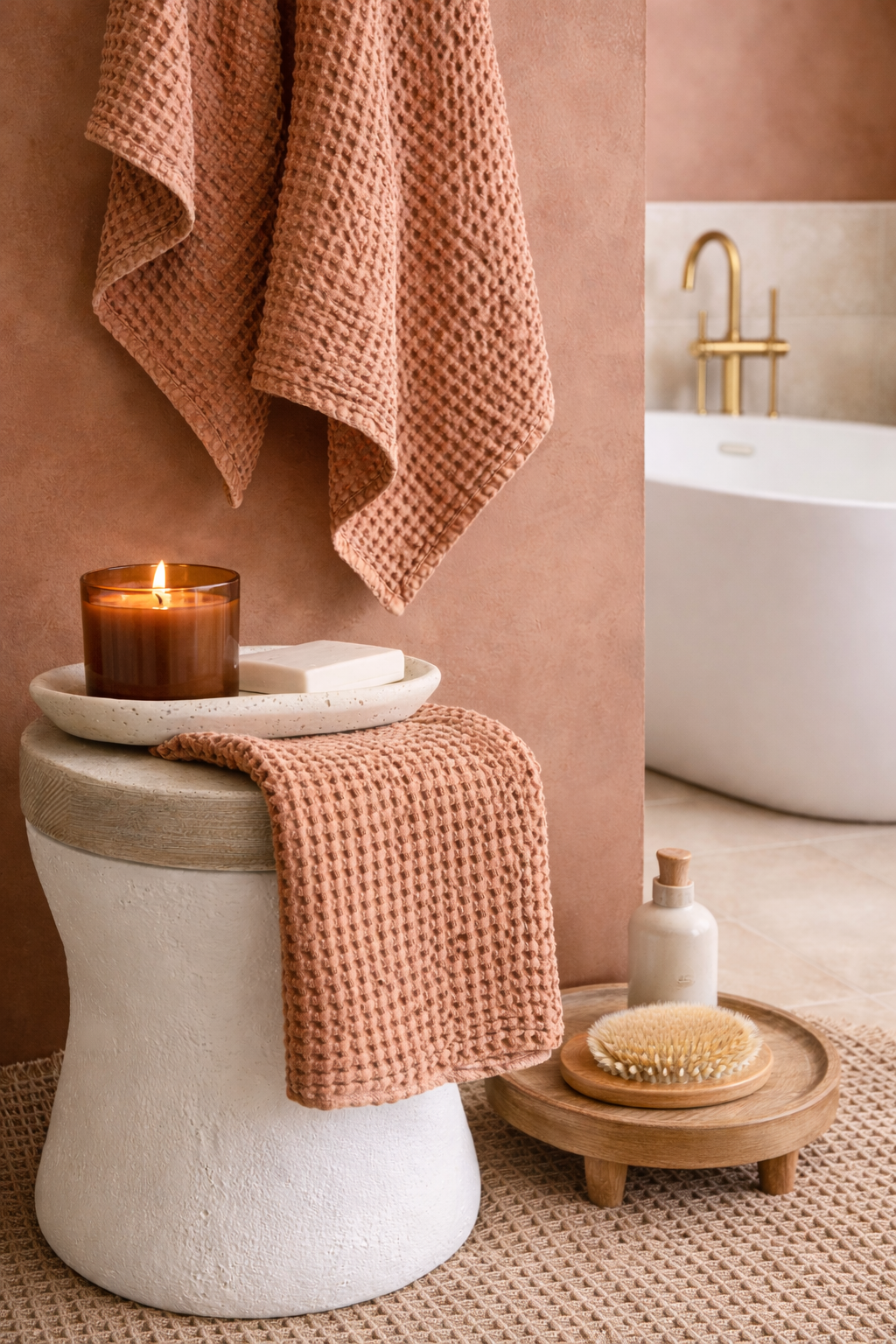 100% Organic Cotton Rustic Waffle Standard Tea Towel - Hand Towel - Terracotta