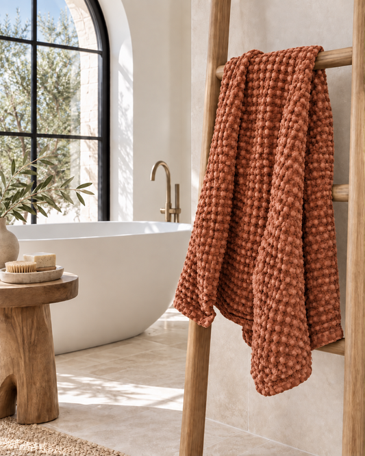 100% Organic Cotton Rustic Waffle Standard Tea Towel - Hand Towel - Terracotta