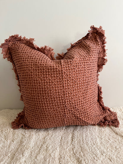 Organic Cotton Waffle Ruffle Cushion Cover - Terracotta - 2.5cm Frayed Ruffle