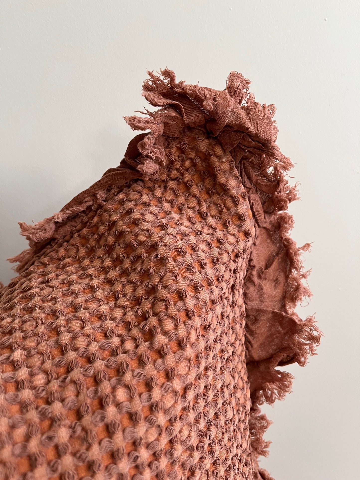 Organic Cotton Waffle Ruffle Cushion Cover - Terracotta - 2.5cm Frayed Ruffle