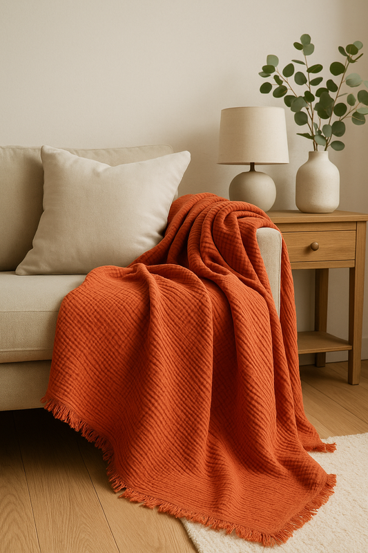 Organic Cotton Muslin 4 Layer Throw Blanket - Terracotta