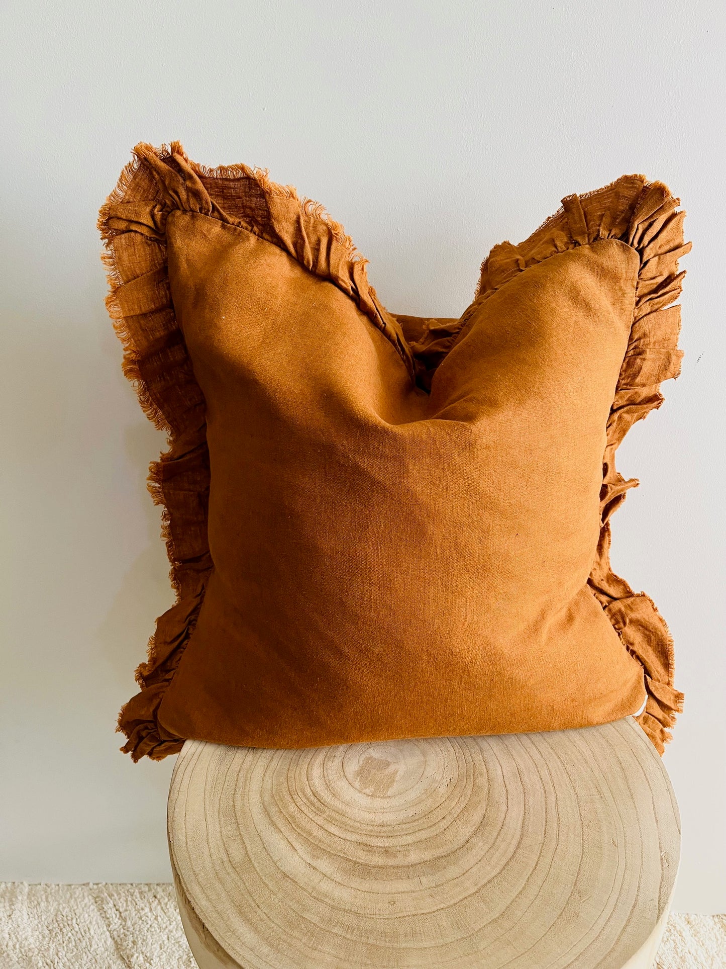 Pure French Linen Frayed Edge Ruffle Cushion Cover - Tobacco