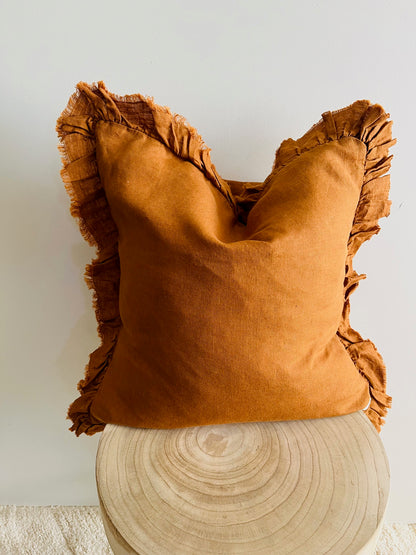 Pure French Linen Frayed Edge Ruffle Cushion Cover - Tobacco