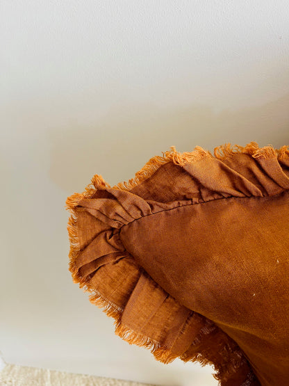 Pure French Linen Frayed Edge Ruffle Cushion Cover - Tobacco