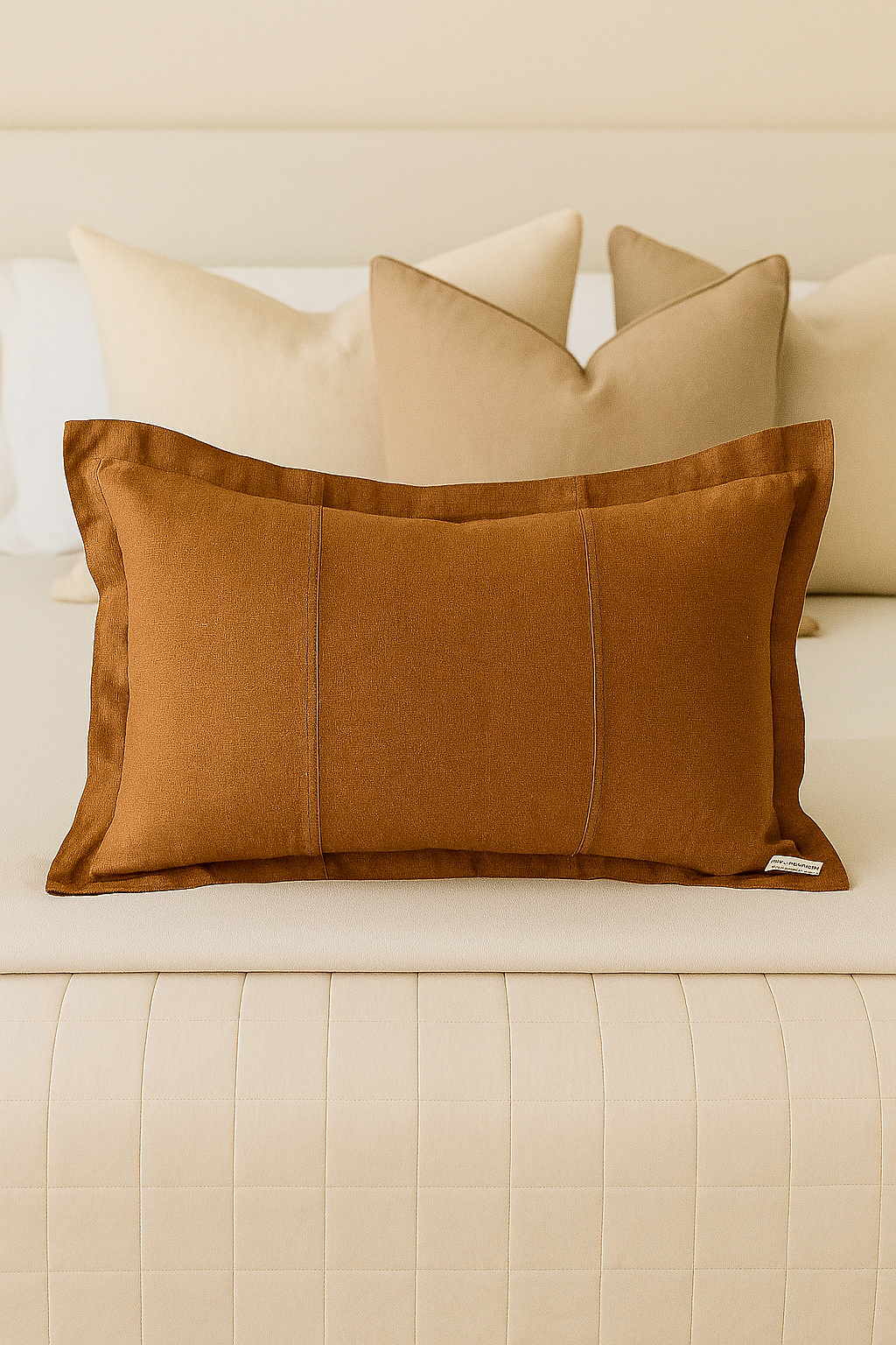 Pure French Linen Lumbar Cushion Cover with Flange Detail - Tobacco