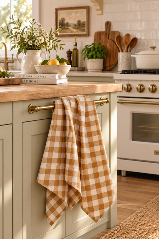 Pure French Linen Tea Towel - Toffee Gingham