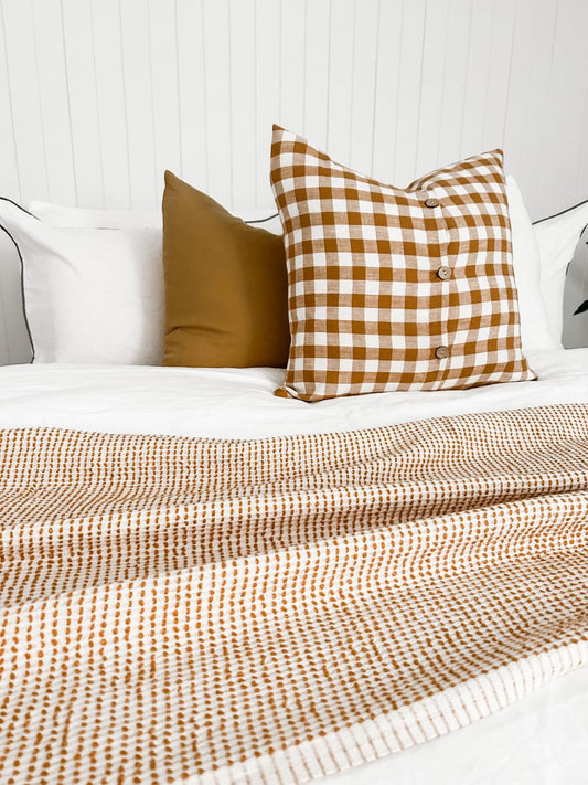 Toffee Gingham cushion covers, Gingham cushion covers, Pure linen gingham cushion covers, Toffee Gingham cushion with wooden buttons, gingham bedroom cushion, gingham living room cushion, checked cushion covers