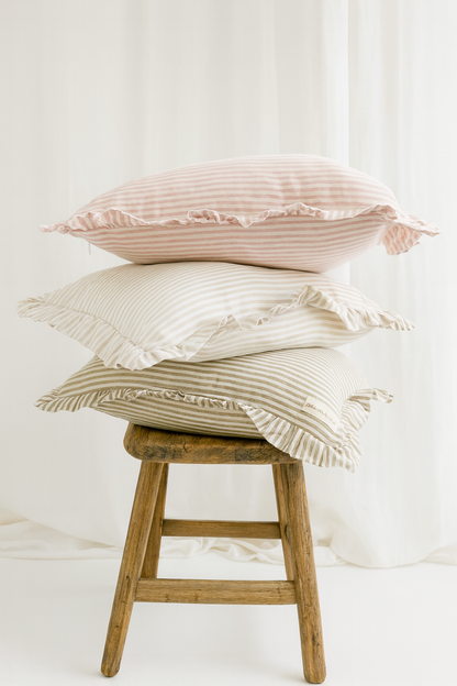 Pure French Linen Ruffle Lumbar - Pink Pinstripes