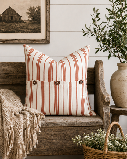 Pure French Linen Cushion Cover - Vintage Stripe - Terracotta