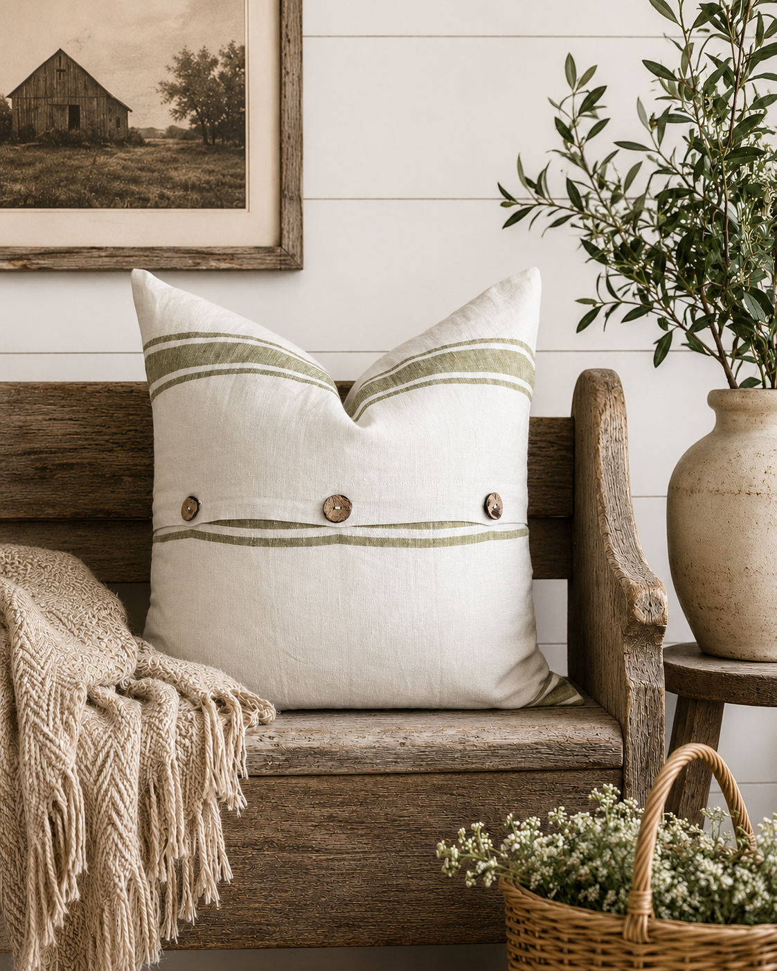 Pure French Linen Cushion Cover - Vintage Stripe - Olive