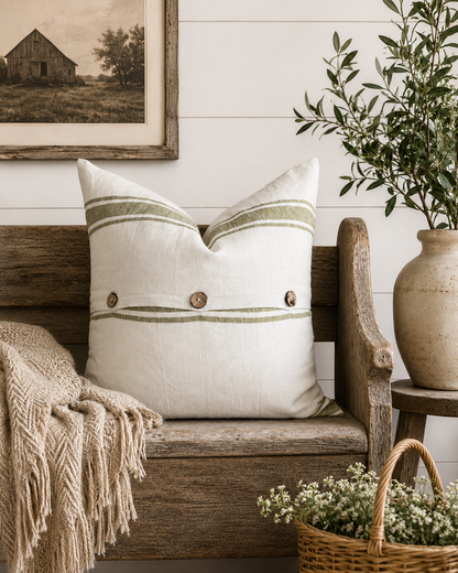 Pure French Linen Cushion Cover - Vintage Stripe - Olive