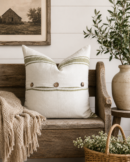Pure French Linen Cushion Cover - Vintage Stripe - Olive