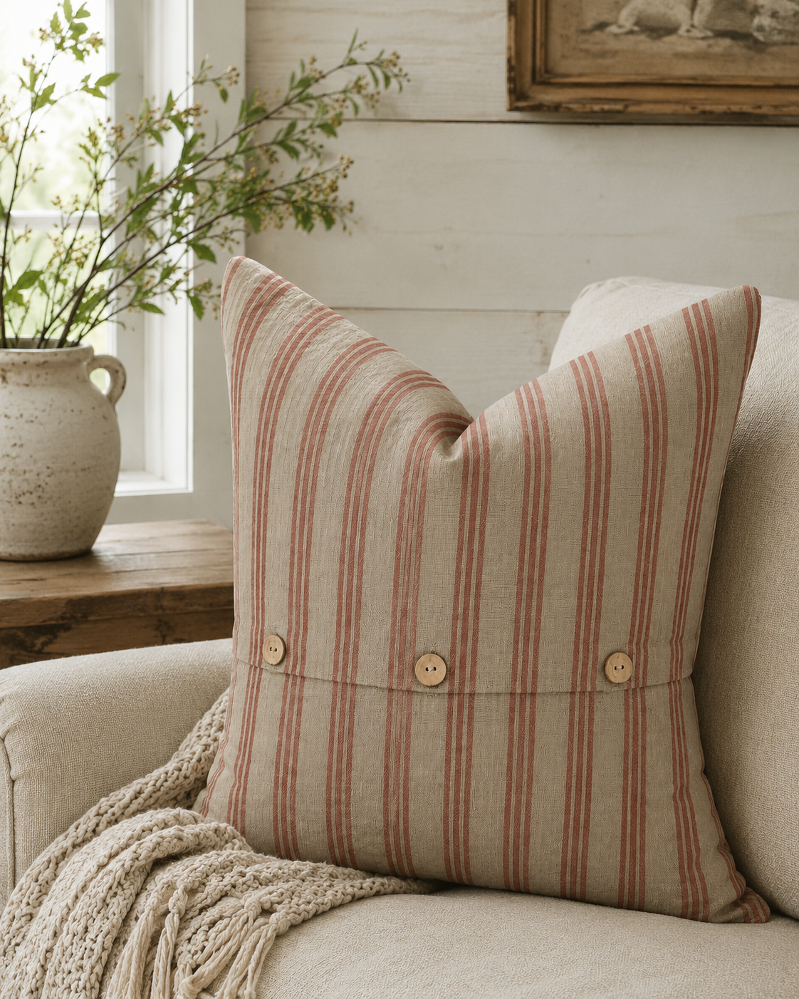 Pure French Linen Cushion Cover - Vintage Stripe - Red