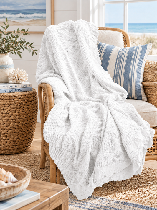 Organic Cotton Waffle Textured Ruffle Throw - White - 150 x 200