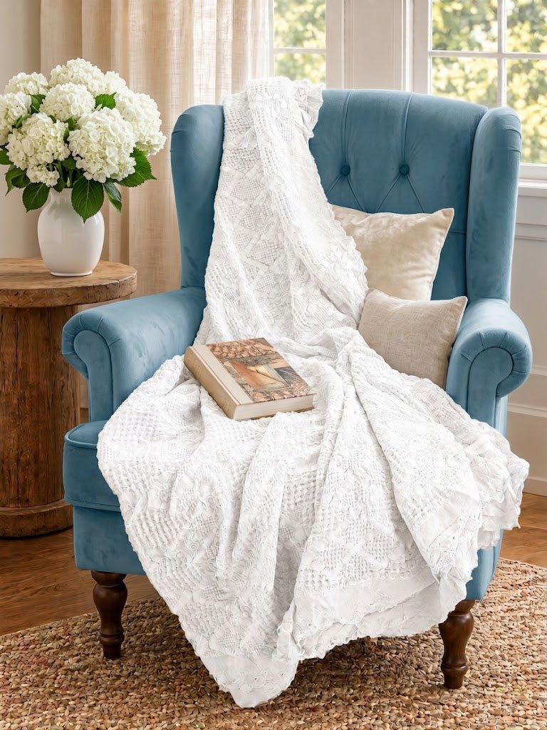 Organic Cotton Waffle Textured Ruffle Throw - White - 180 x 250 - King Size