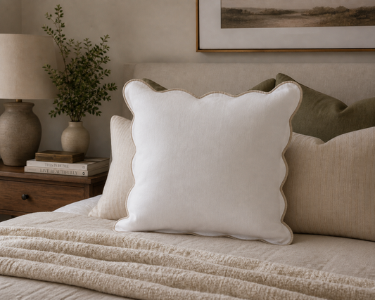 Pure Linen Cushion Cover with Scalloped Edge - White - Natural