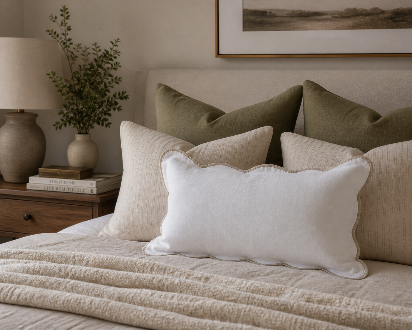 White & Natural Scalloped Pure Linen Lumbar Cushion Cover | 40 x 60cm