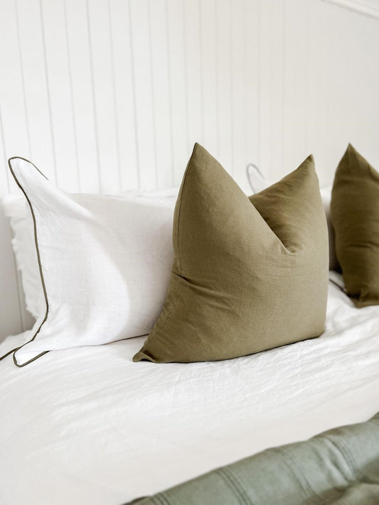 Olive Green linen cushion covers, Olive cushion covers, Olive linen cushions, Green linen cushion covers, Olive linen cushion with wooden buttons, Green linen cushion with wooden buttons, Olive Green bedroom cushions, Olive Green living room cushions, linen bedroom cushions, linen living room cushions, affordable linen cushion covers, pure linen cushions, French linen cushion covers, Green bedroom styling