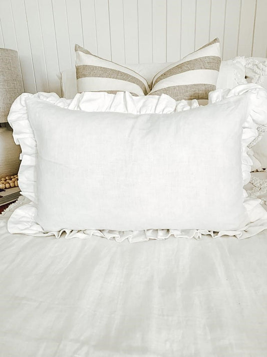 Pure French Linen Lumbar Ruffle Cushion Cover - White
