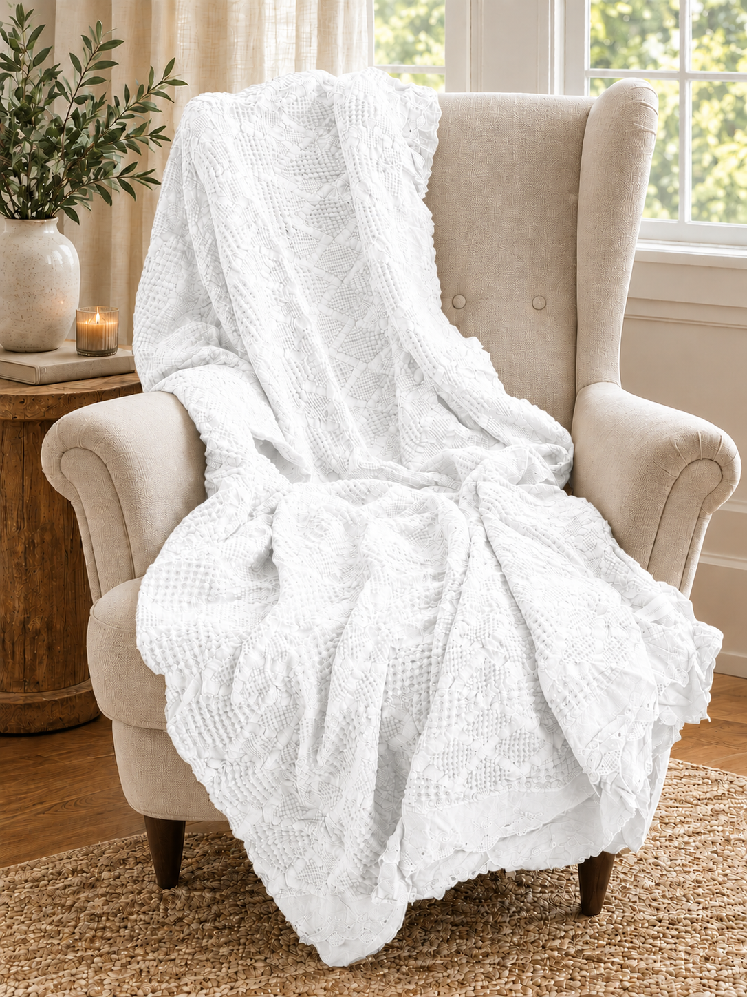 Organic Cotton Waffle Textured Ruffle Throw - White - 180 x 250 - King Size
