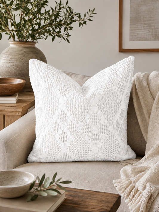 Organic Cotton Waffle Textured Cushion Cover - White - 45 x 45cm