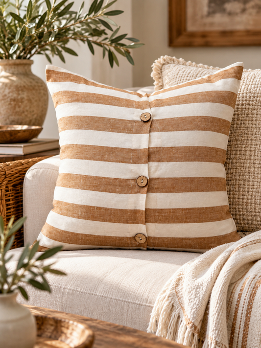 Pure Linen Cushion Cover - Toffee Wide Stripe