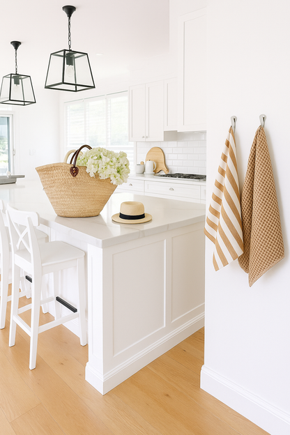 Pure French linen tea towel featuring wide toffee brown stripes, folded neatly on a light surface