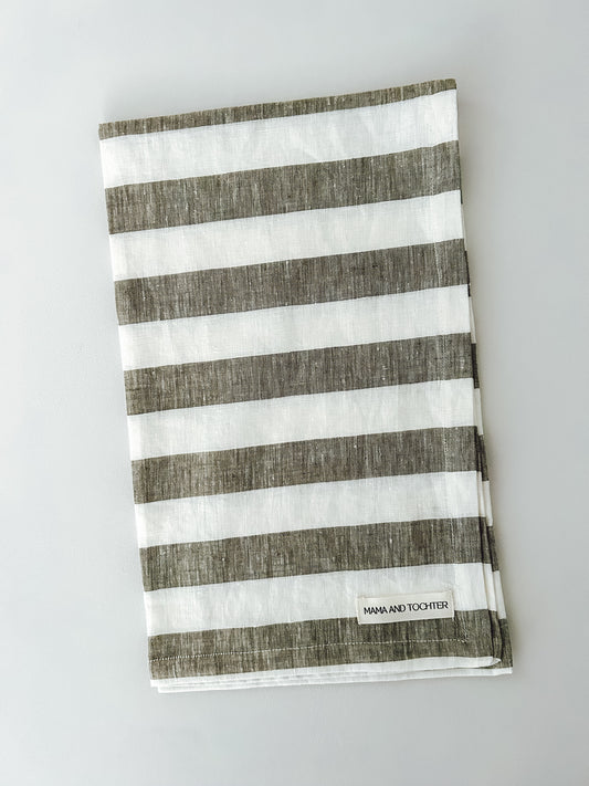 Pure French Linen Tea Towel - Wide Olive Stripe