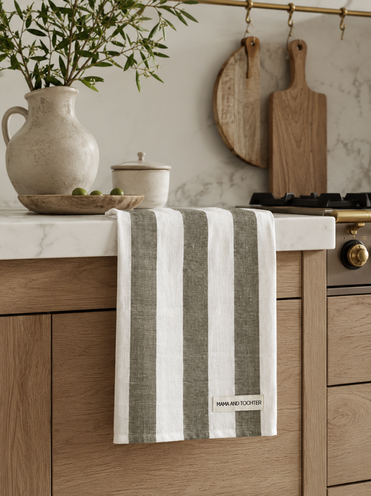 Pure French Linen Tea Towel - Wide Olive Stripe