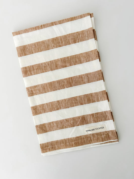 Pure French Linen Tea Towel - Wide Toffee Stripe
