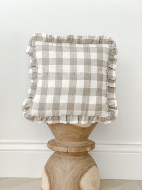 Linen Ruffle Cushion - Natural Gingham