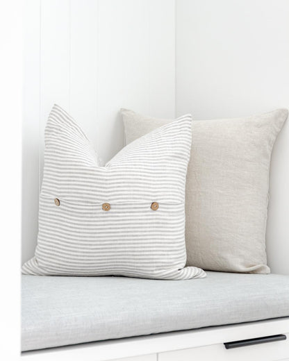 Grey Stripe linen, Grey Stripe linen cushion covers, oastal cushion covers, Hamptons cushions, affordable linen cushions, Grey and White striped cushions, Grey striped cushion with buttons, linen cushion styles, pure linen cushions, White and Grey striped cushions, White and Grey linen cushions, Coastal bedroom cushions, Coastal living room cushions