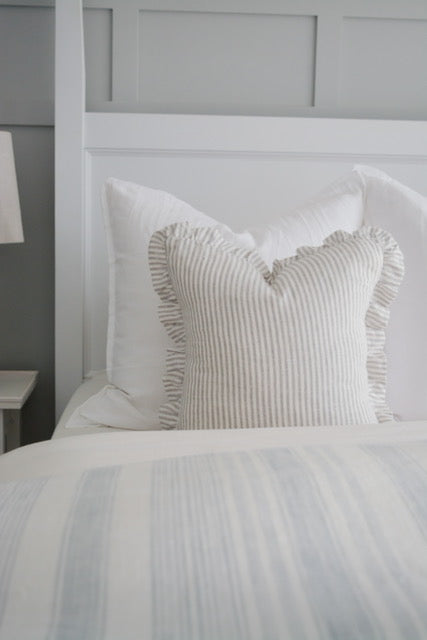 Linen Ruffle Cushion - Grey Stripe