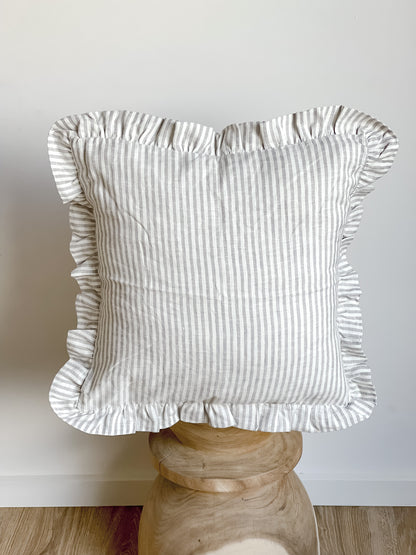 Linen Ruffle Cushion - Grey Stripe